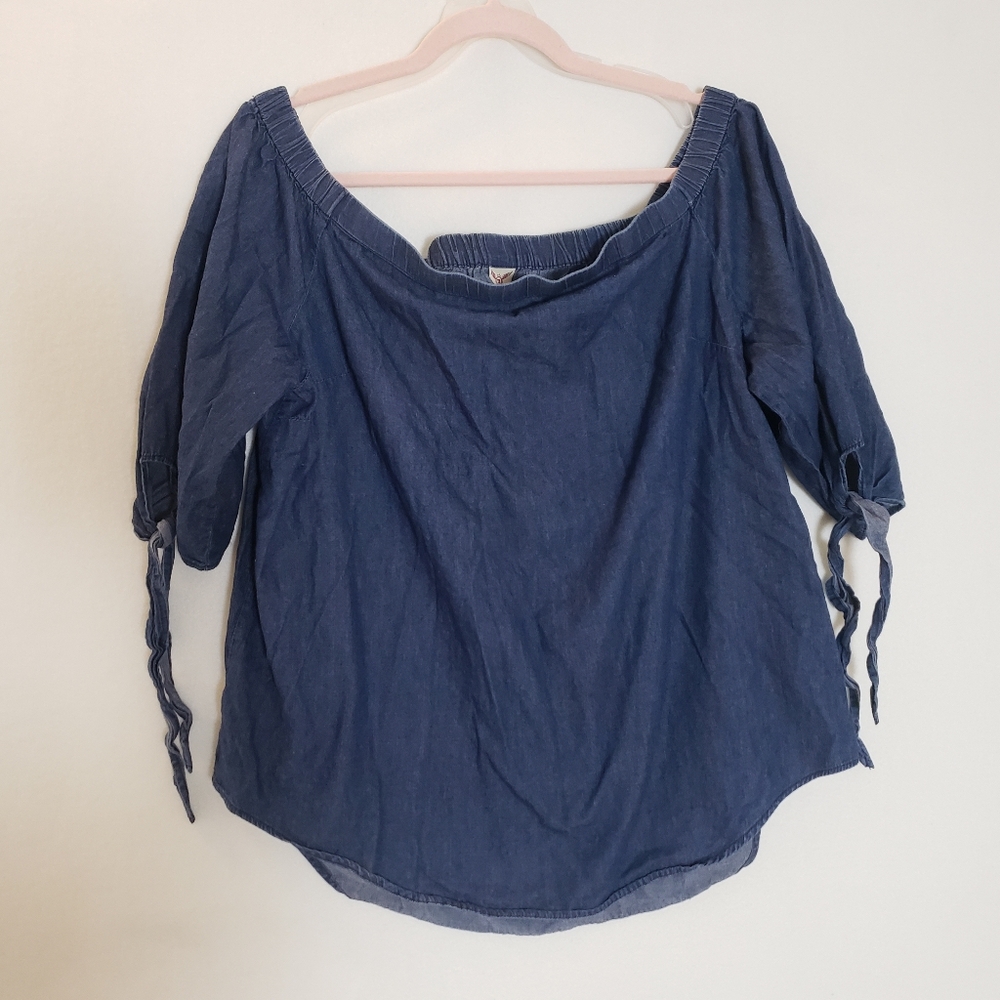 Blue Cotton Off-Shoulder Chambray Top 3/4 Sleeve Tie Cuffs Elastic Boat Neck
